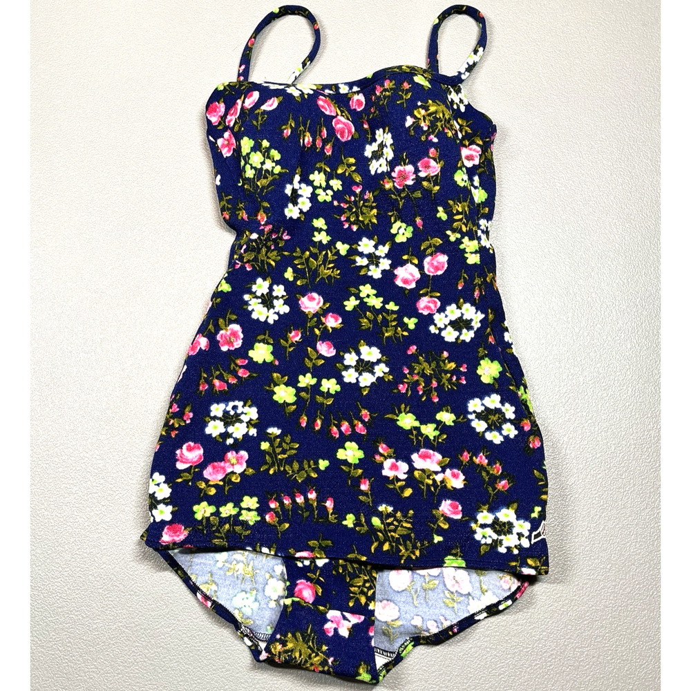 1960s 1970s Pinup MCM Bathing Suit Swimsuit Romper Floral Polyester Play Suit